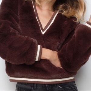 Faux Fur V-Neck Sweater Coat Sweatshirt - Rich Brown